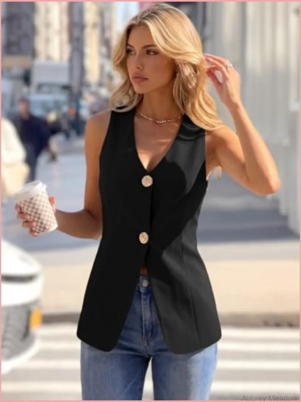 Sleeveless Double-Breasted V-Neck Vest Blazer for Women Slim Work Office Outwear